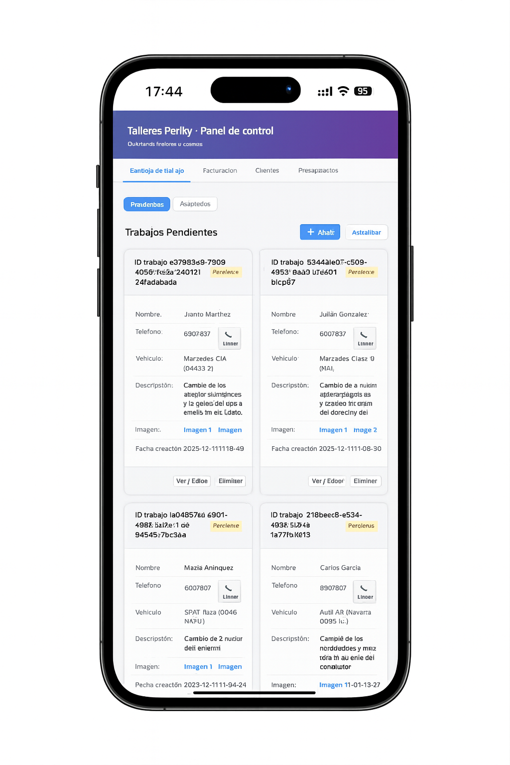 Panel de control de Talleres Periky en móvil