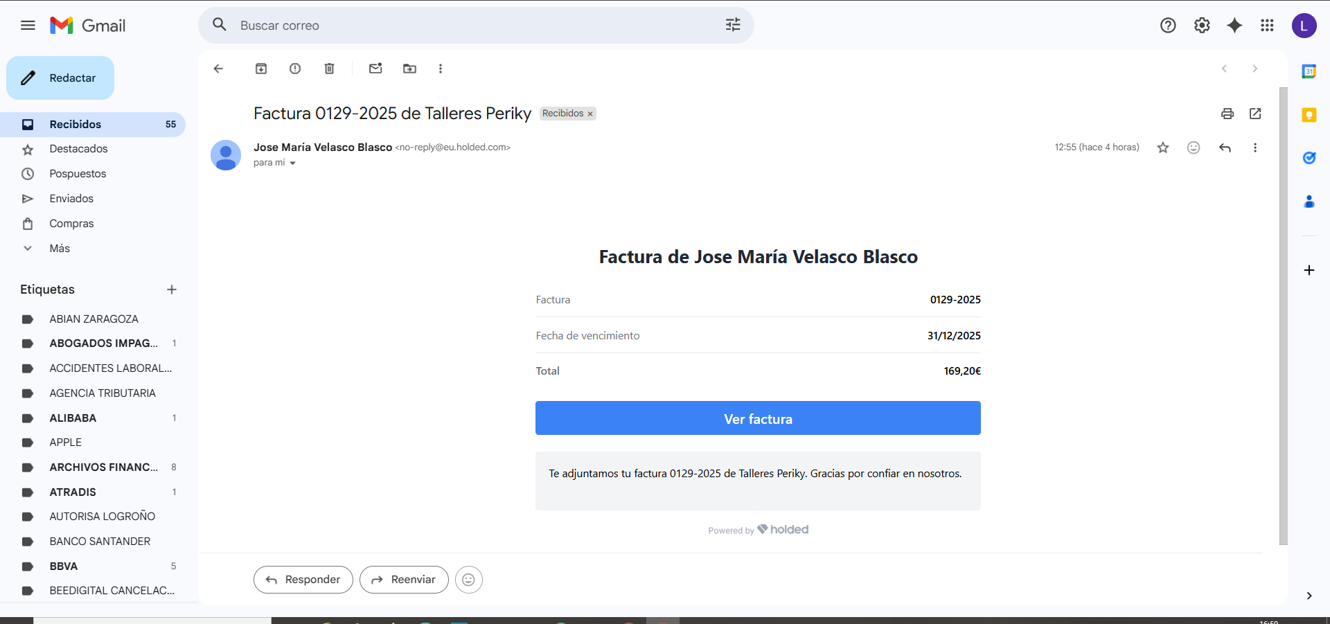 Email con factura de Talleres Periky